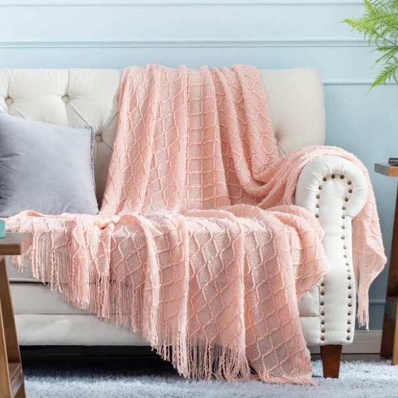 White Farmhouse Classic Chic Tassel Knit Throw Cozy Fringe Patterned Blanket - Picture 8 of 16